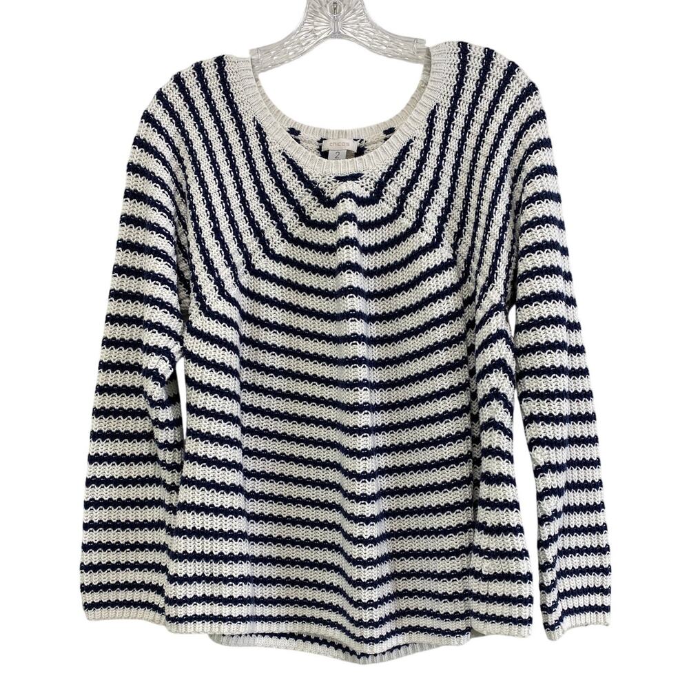 Chicos Ashlyn Striped Pullover Sweater Size L‎ 2 Navy Nautical Flattering Ruched